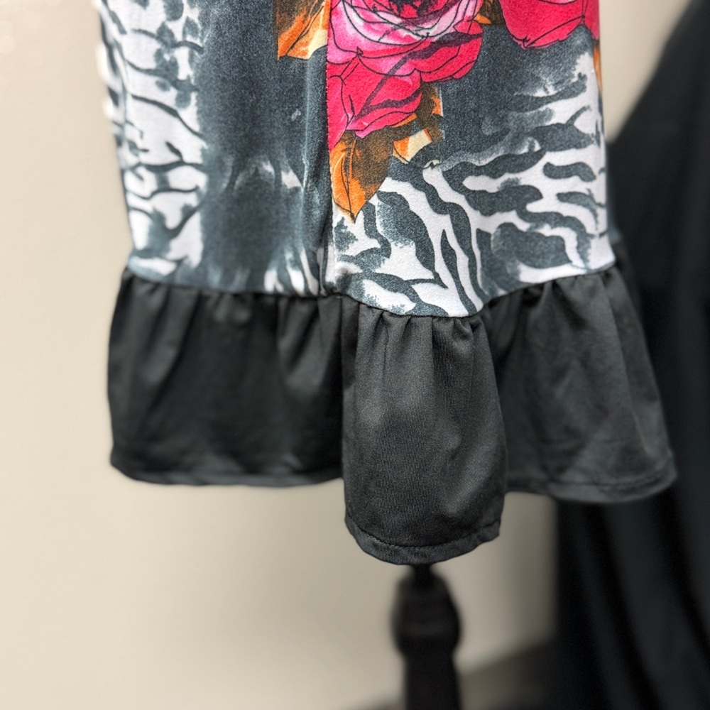 Bacci Unique Summer Pink Floral & Black Whimsical Ruffle Hem Dress Size L - Picture 9 of 12